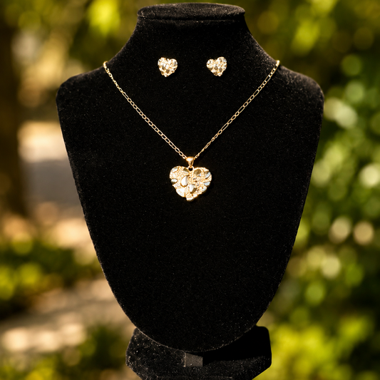 Gold Plated 18 Inches Nugget Heart Necklace and Earrings Set