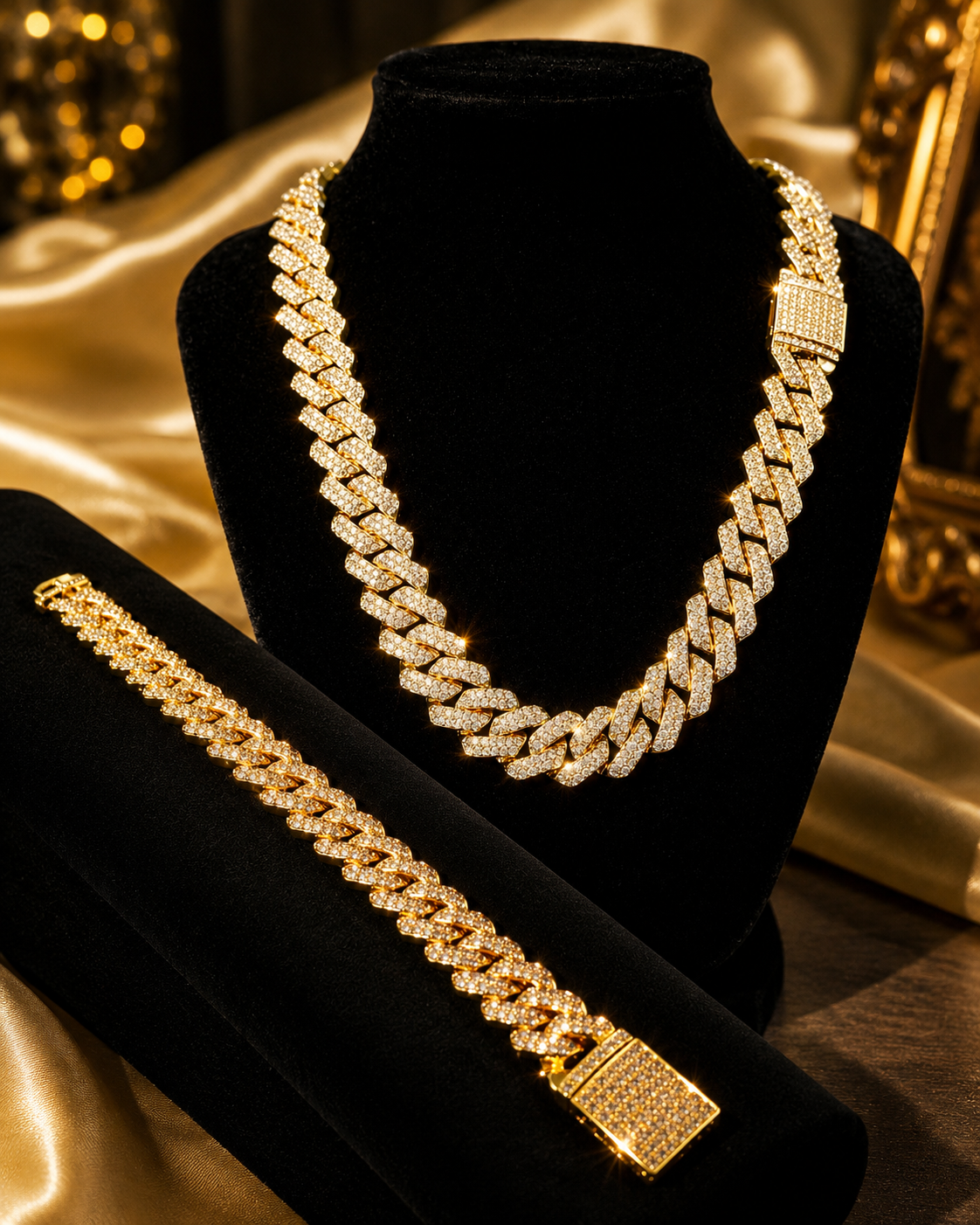 Luxury Iced Out Cuban Link Necklace And Bracelet Set | Gold and Silver Plated | Hip Hop Jewelry